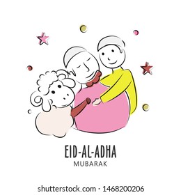 Creative poster or card design with illustration of hand drawn muslim man with little boy and sheep on white background for Eid-Al-Adha Mubarak concept.