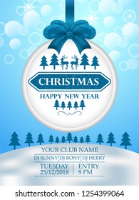 Creative poster for a Christmas & New Year party. Christmas grass with balls. Gold text with description. Elegant Design with Lights, Stars, Christmas  Gifts Fir Tree Branches. 
