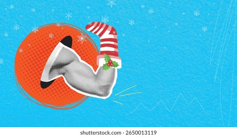 Creative poster collage of cool bicep with christmas sock for new year, christmas. greeting card, festive christmas greeting template