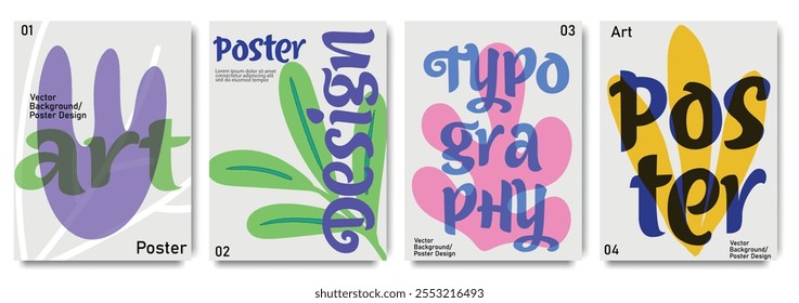 Creative poster collection featuring abstract typography and colorful design elements for modern projects. Minimalist vector graphics, and modern color.Design for  ads, branding, banner, cover
