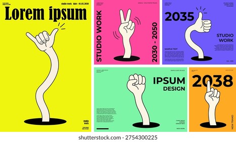 Creative poster collection featuring surreal hand gesture illustrations emerging from holes with vibrant modern backgrounds. Ideal for contemporary graphic design, branding, advertising campaigns, editorial layouts, and trendy poster designs.
