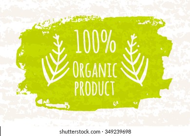 Creative poster colorful green 100 percent organic foods for the health of whole family isolated on white background with old paper texture. Vector illustration