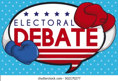 Creative poster with a couple of boxing gloves representing American parties, ready for the presidential debate on speech bubble with U.S.A design and dotted pattern.