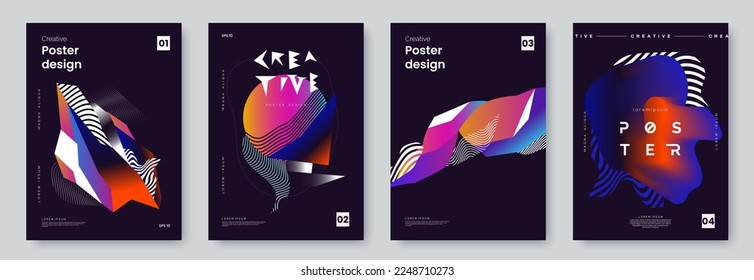 Kreatives Plakatdesign mit abstrakten geometrischen Formen, Kurvenlinien und Platz für Text. Futuristisches Cover-Set. A4-Größe. Ideal für Banner, Flyer, Banner, Ausstellungseinladungen, Party.