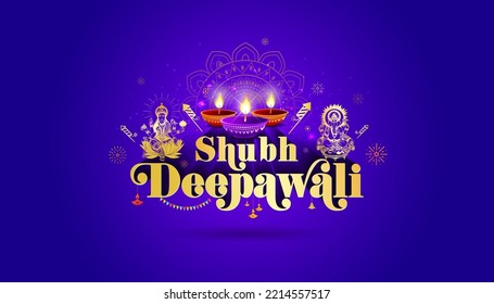 Creative Poster design for Diwali festival. shubh deepawali text with goddess Lakshmi, diya candle light, floral and fireworks background.