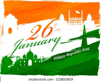 Creative poster design with Famous Indian Monuments and stylish lettering of 26 January on tricolor abstract brush stroke background. 