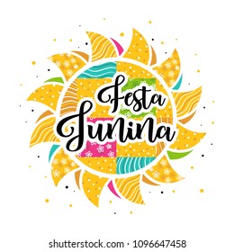 Creative poster design Festa Junina. Stylized sun with colorful patchwork accents