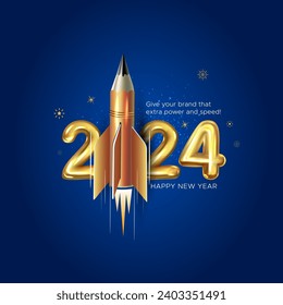 Diseño creativo de afiches de feliz año nuevo 2024 con ilustración de un cohete 3D.