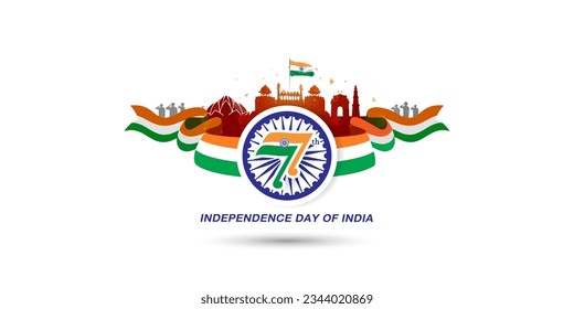 creative poster design for Independence Day of India with Indian monuments skyline background. India 77 years, freedom anniversary celebration of 2023.