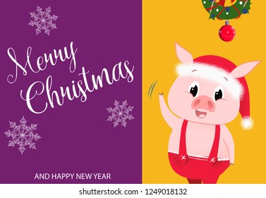 Creative poster design with piglet. Merry Christmas and Happy New Year inscription with piglet in jump suit and Christmas wreath on yellow and purple background. Can be used for postcards, invitations