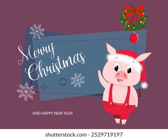 Creative poster design with piglet. Merry Christmas and Happy New Year inscription with piglet in jump suit and Christmas wreath on abstract background. Can be used for postcards, invitations