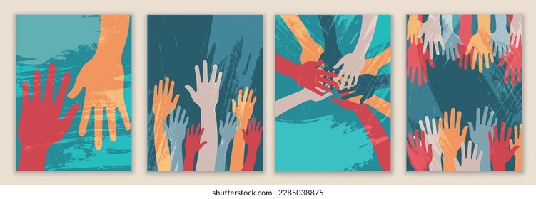 Creative poster design with raised hands of volunteers. Recruitment volunteer. Non profit.Volunteerism.NGO Aid. Call for volunteers template.Background drawn with paint splash brushes