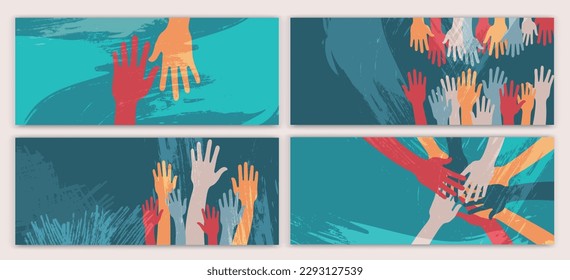 Creative poster design with raised hands of volunteers. Recruitment volunteer. Volunteerism.NGO Aid. Non profit. Call for volunteers template.Background drawn with paint splash brushes