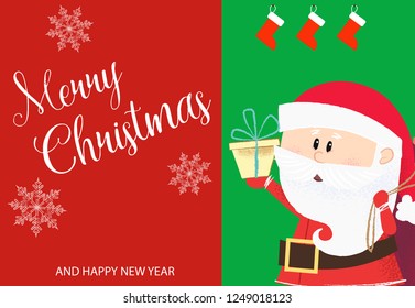 Creative poster design with Santa Claus. Merry Christmas and Happy New Year inscription with Santa Claus holding gift box on red and green background. Can be used for postcards, invitations