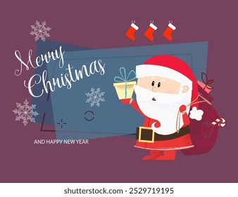 Creative poster design with Santa Claus. Merry Christmas and Happy New Year inscription with Santa Claus holding gift box on red and green background. Can be used for postcards, invitations