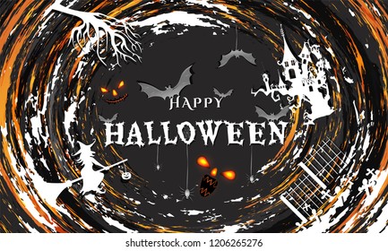 Creative poster design with scary faces, flying bats and witch on spooky background for Halloween Festival.