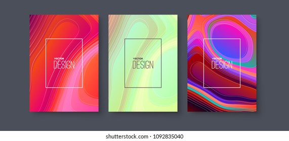 Creative poster design set with vibrant gradient liquid shapes. Marbling bright abstract background. Vector modern art illustration. Minimal cover design. Pouring fluid colors