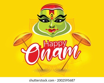 Creative Poster Design, Vector Illustration for South Indian Festival Onam with Beautiful Kathakali Face.