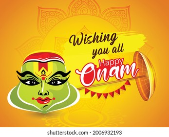 Creative Poster Design, Vector Illustration for South Indian Festival Onam with Beautiful Kathakali Face.