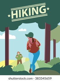 Creative Poster Or Flyer Of Backpackers Hiking On The Path Of Mountain. Hikers Walking, Outdoor Camping.