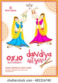 Creative poster or flyer of dandiya utsav,girls playing dandiya occasion of Happy Navratri.