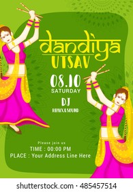 Creative poster or flyer of dandiya utsav,girls playing dandiya occasion of Happy Navratri.
