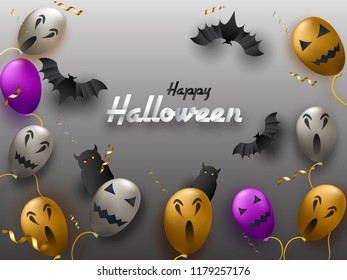 Kreatives Plakat- oder Flyer-Design mit bunten, spitzköpfigen Ballons, fliegenden Fledermäusen und Papiertext Halloween auf glänzendem grauem Hintergrund für die Veranstaltung.