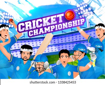 Creative poster or flyer design with illustration of cricket player with happiness on stadium background.