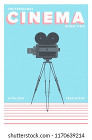 Creative poster, flyer or invitation template for professional cinema show time or motion picture premiere with old film camera standing on tripod. Colorful vector illustration for event promotion.