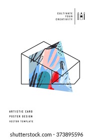 Creative  poster with geometric outline shapes. Trendy hipster logotype. Polygonal icon with artistic colored background. Vector. Isolated.