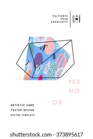 Creative  poster with geometric outline shapes. Trendy hipster logotype. Polygonal icon with artistic colored background. Vector. Isolated.