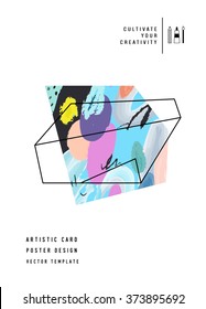 Creative  poster with geometric outline shapes. Trendy hipster logotype. Polygonal icon with artistic colored background. Vector. Isolated.