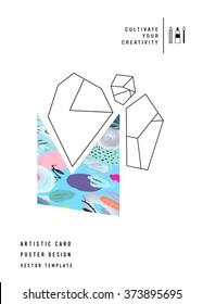 Creative  poster with geometric outline shapes. Trendy hipster logotype. Polygonal icon with artistic colored background. Vector. Isolated.