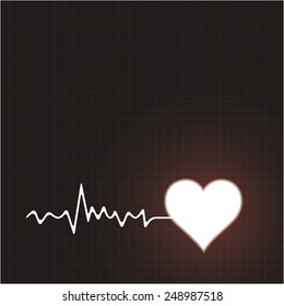Creative poster with heart beat cardiogram in white color and heart icon isolated on black and dark red background or art