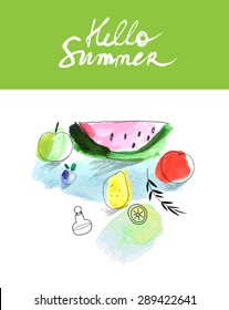 Creative poster Hello Summer. Watercolor art. Fruits, berries. Isolated on a white background 