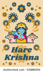 Creative poster illustration on Hare Krishna. Lord Krishna sitting in the lotus position, in jewelry, plays the flute in goats environment. Music, deity, animals. Fireworks, Flowers.. Flat style 