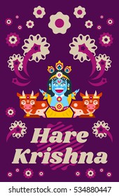 Creative poster illustration on Hare Krishna. Lord Krishna sitting in cows environment. Decorations, holiday, lotus posture, meditation, animal, peacock tail. Vector illustration. Flat style 