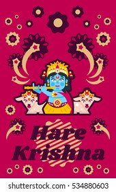 Creative poster illustration on Hare Krishna. Lord Krishna sitting in the lotus position, in jewelry, plays the flute in goats environment. Music, deity, animals. Fireworks, Flowers.. Flat style 