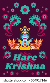 Creative poster illustration on Hare Krishna. Lord Krishna sitting in cows environment. Decorations, holiday, lotus posture, meditation, animal, peacock tail. Vector illustration. Flat style 