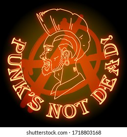 Creative poster with the image of a punk head created with the help of neon contours and neon text "punk's not dead" on the background of the sign of anarchy.