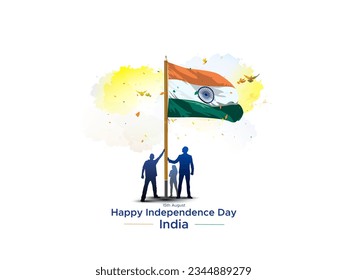 Afiche creativo del Día de la Independencia de la India. Gente con bandera tricolor. Antecedentes de la celebración patriótica y de la libertad.