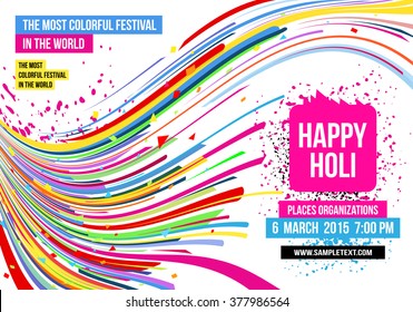 Creative poster for Indian festival Happy Holi celebrations with multi color splash and strips on white background.