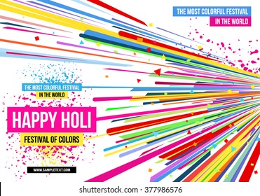 Creative poster for Indian festival Happy Holi celebrations with multi color splash and strips on white background.