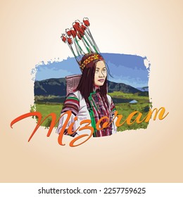 Creative poster for the Indian state Mizoram with illustration of Mizoram woman in traditional attire. 