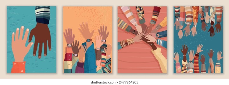 Creative poster - leaflet design with raised hands of multicultural volunteers.Recruitment volunteer. Non profit.Volunteerism.NGO Aid.Call for volunteers template.Charity and solidarity