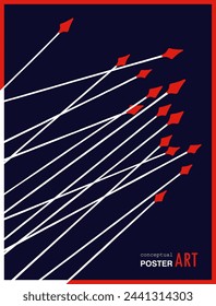 Creative poster. Many arrows and spears are directed in one direction. Attack or defense. Conceptual illustration template. Vector print