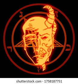 Creative poster with a neon image of a demon man on the background of a pentagram.