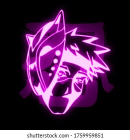 Afiche creativo con una imagen de neón de cara de ninja en el fondo del símbolo japonés "shinobi".