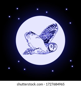 Afiche creativo con una imagen de neón de un búho al fondo de la luna y el cielo estrellado.