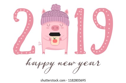 Creative poster for New 2019 Year with cute pig. Symbol of the year in the Chinese calendar. Vector illustration cartoon isolated. Year of yellow pig.
